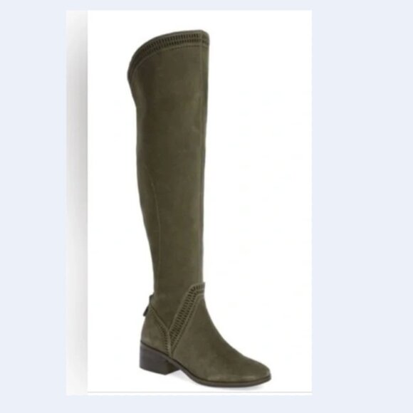 NWT Vince Camuto suede OTK riding boots laser cut out low heel olive green gray - Picture 1 of 13